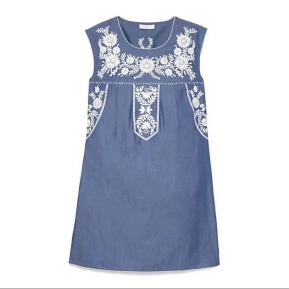 Tory Burch Sz XS Embroidered Chambray Tunic Calita Mini Shift Dress Scallop - Picture 12 of 12